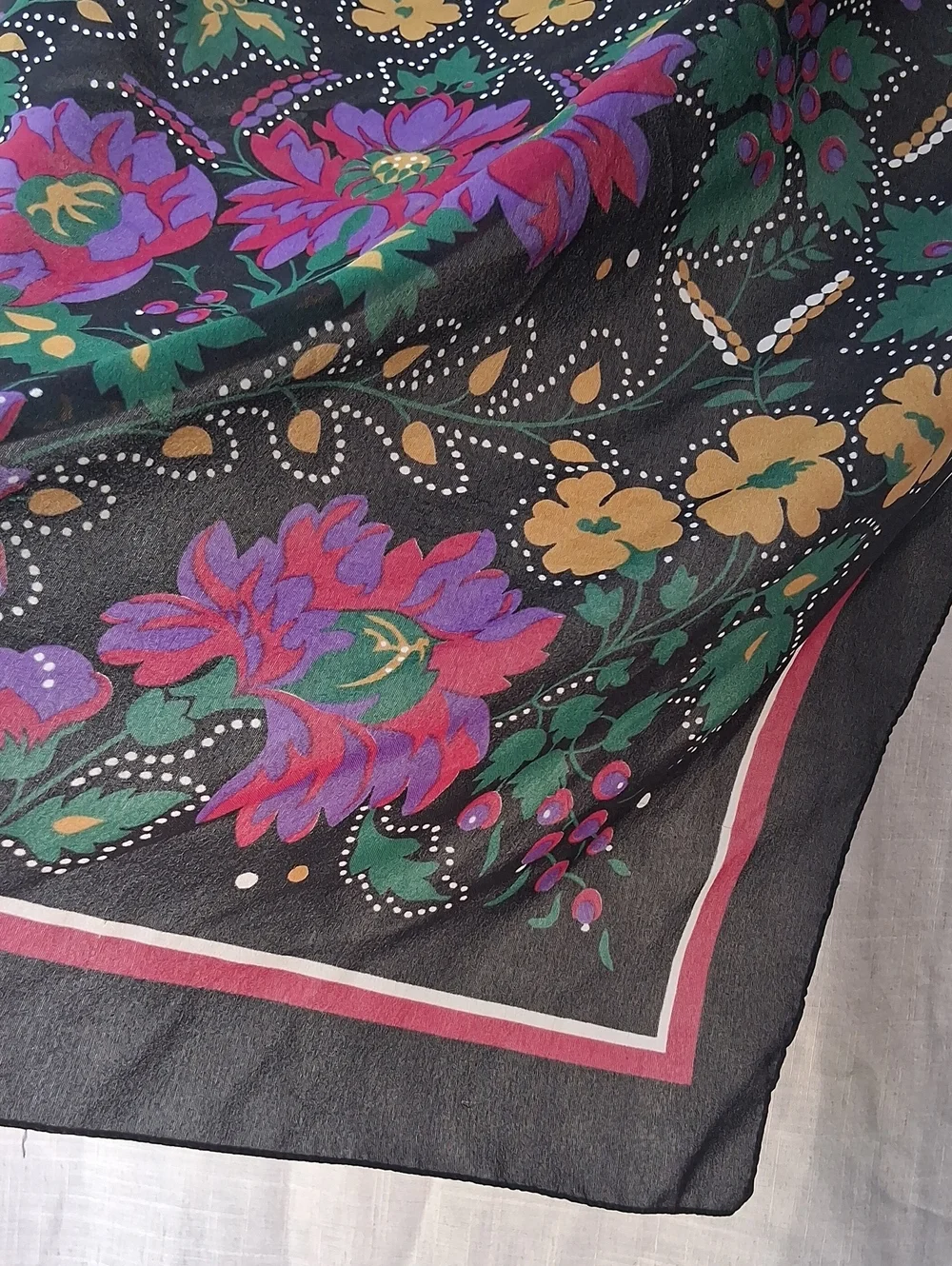 Vintage Gorgeous Floral Print Over Black Square Scarf